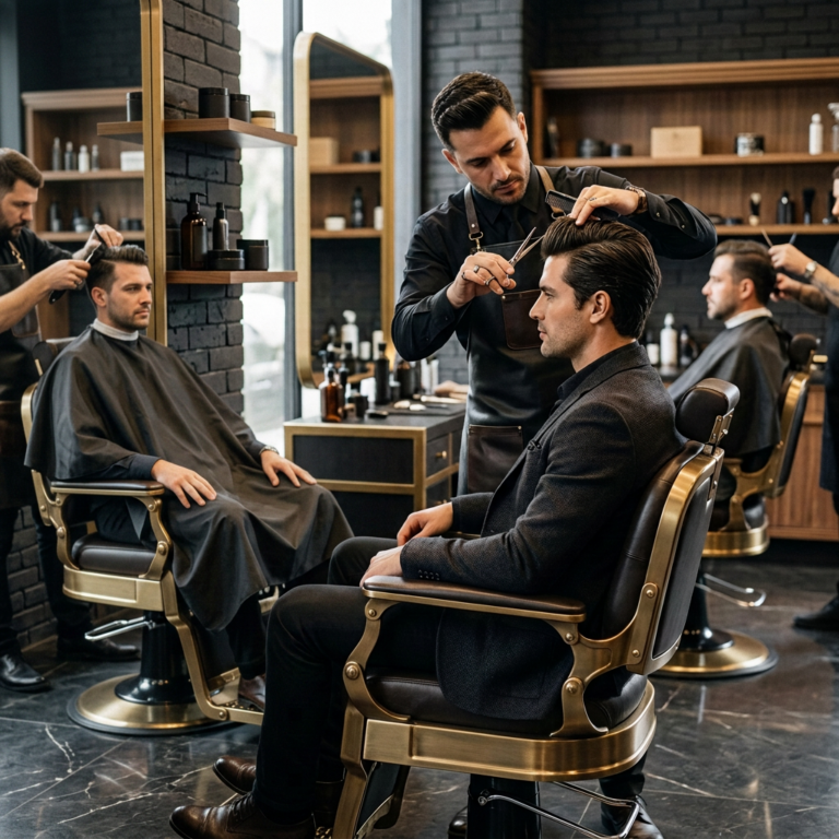Homem barbudo recebendo tratamento de cuidados com a barba em uma barbearia