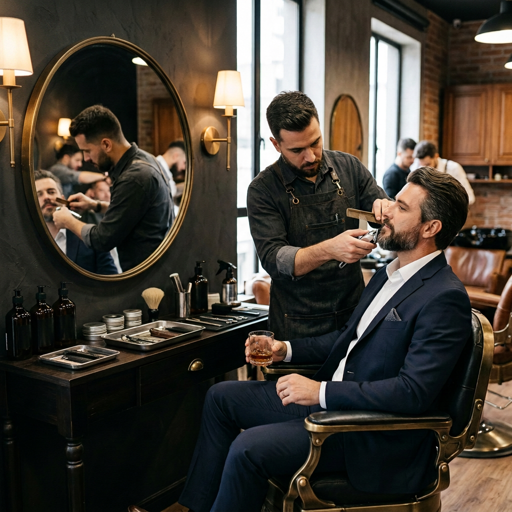 Barbeiro a cortar a barba do homem.