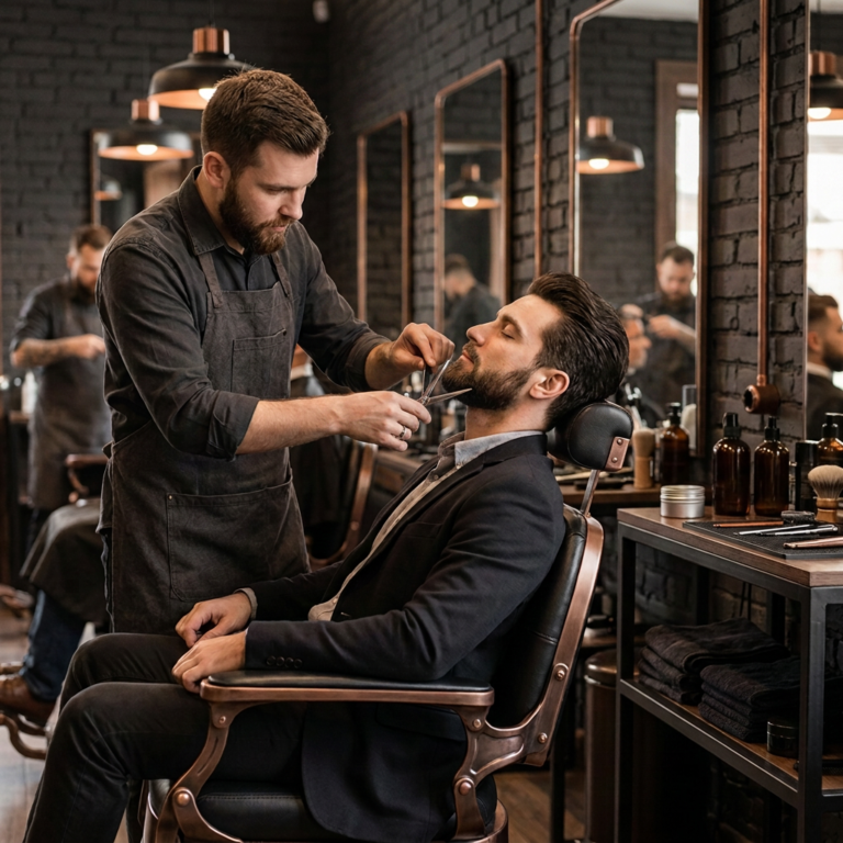 Barba de bigode e homem na barbearia com tesoura corte de cabelo e relaxar no serviço ao cliente em pequenas empresas Ferramentas barbeiro e rosto do cliente na cadeira para estilo de cuidados e cuidado do cabelo facial