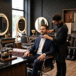 Barbeiro a cortar a barba do homem.