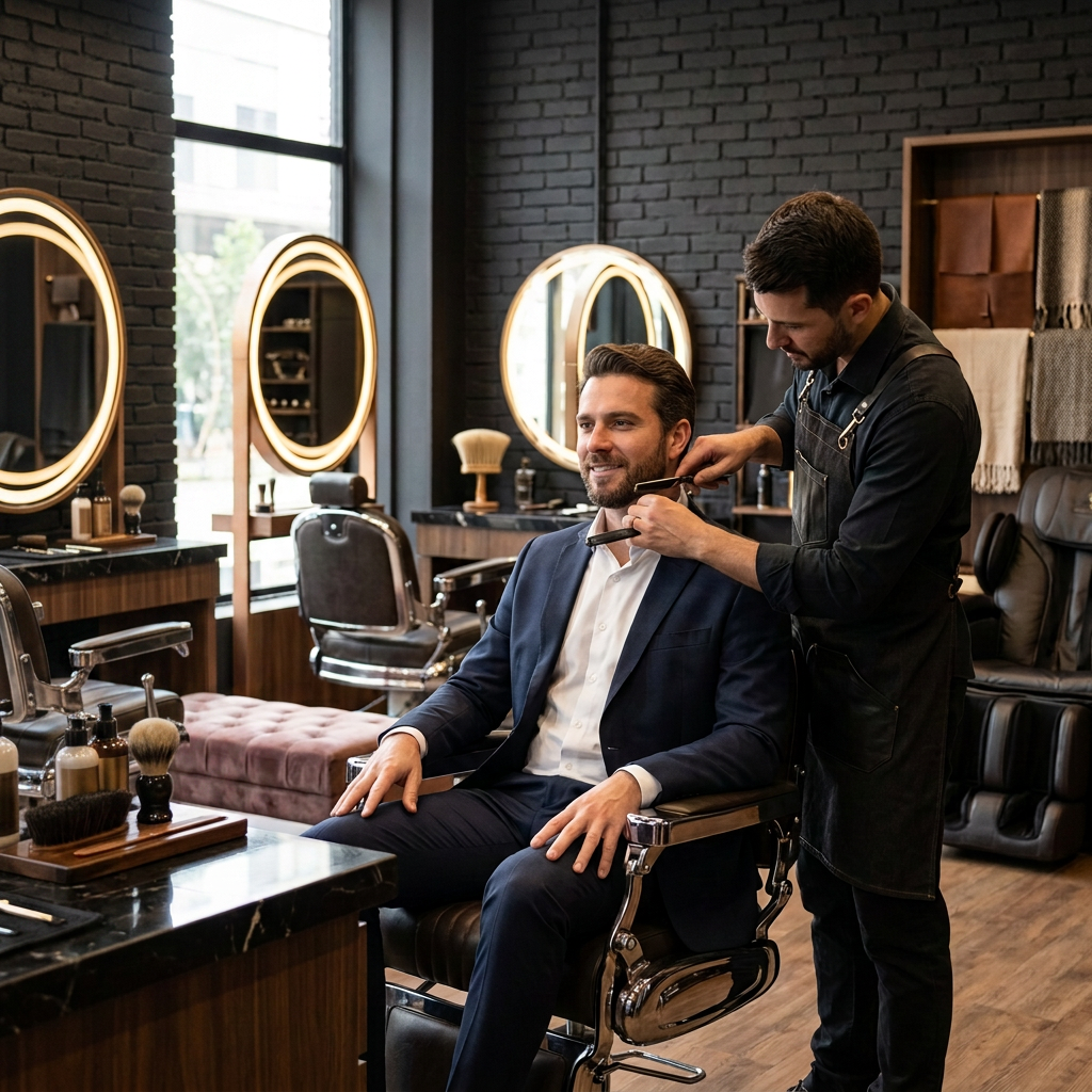 Barbeiro a cortar a barba do homem.