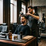 Um homem bonito e barbudo está a ser penteado pelo cabeleireiro na barbearia.