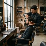Barbeiro aplicando espuma de barbear ao rosto dos clientes na barbearia