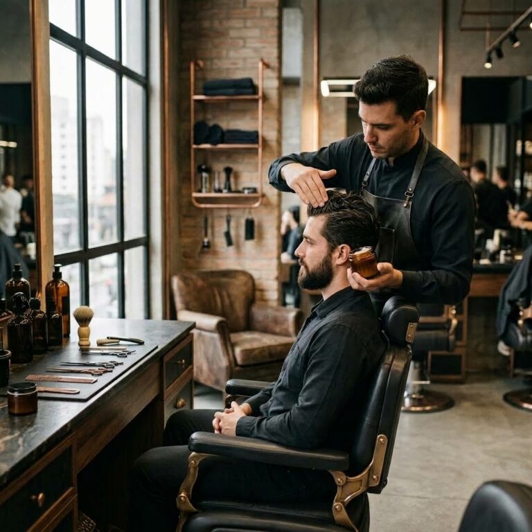 Barbeiro aplicando espuma de barbear ao rosto dos clientes na barbearia