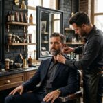 um homem com barba e suspensórios está sentado em uma sala escura
