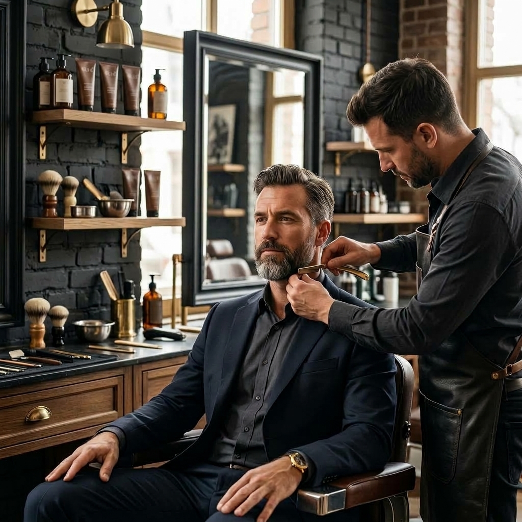 um homem com barba e suspensórios está sentado em uma sala escura