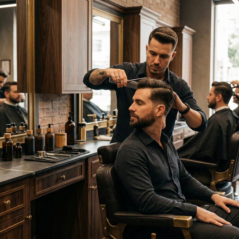 Um homem bonito e barbudo está a ser penteado pelo cabeleireiro na barbearia.