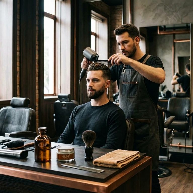Um homem bonito e barbudo está a ser penteado pelo cabeleireiro na barbearia.